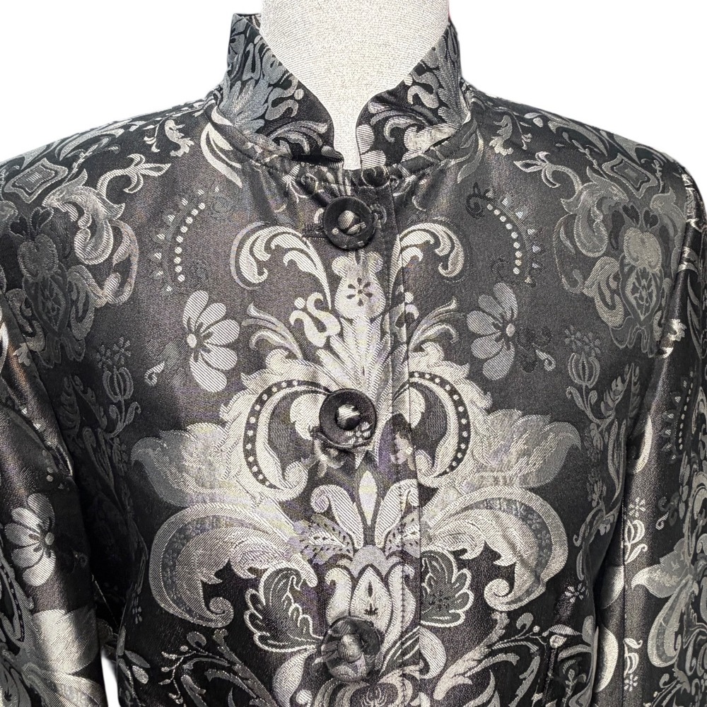 Vintage Chaus 100% Silk Mandarin Jacket Black Metallic Brocade Women Size 8 Luxe - Picture 3 of 10